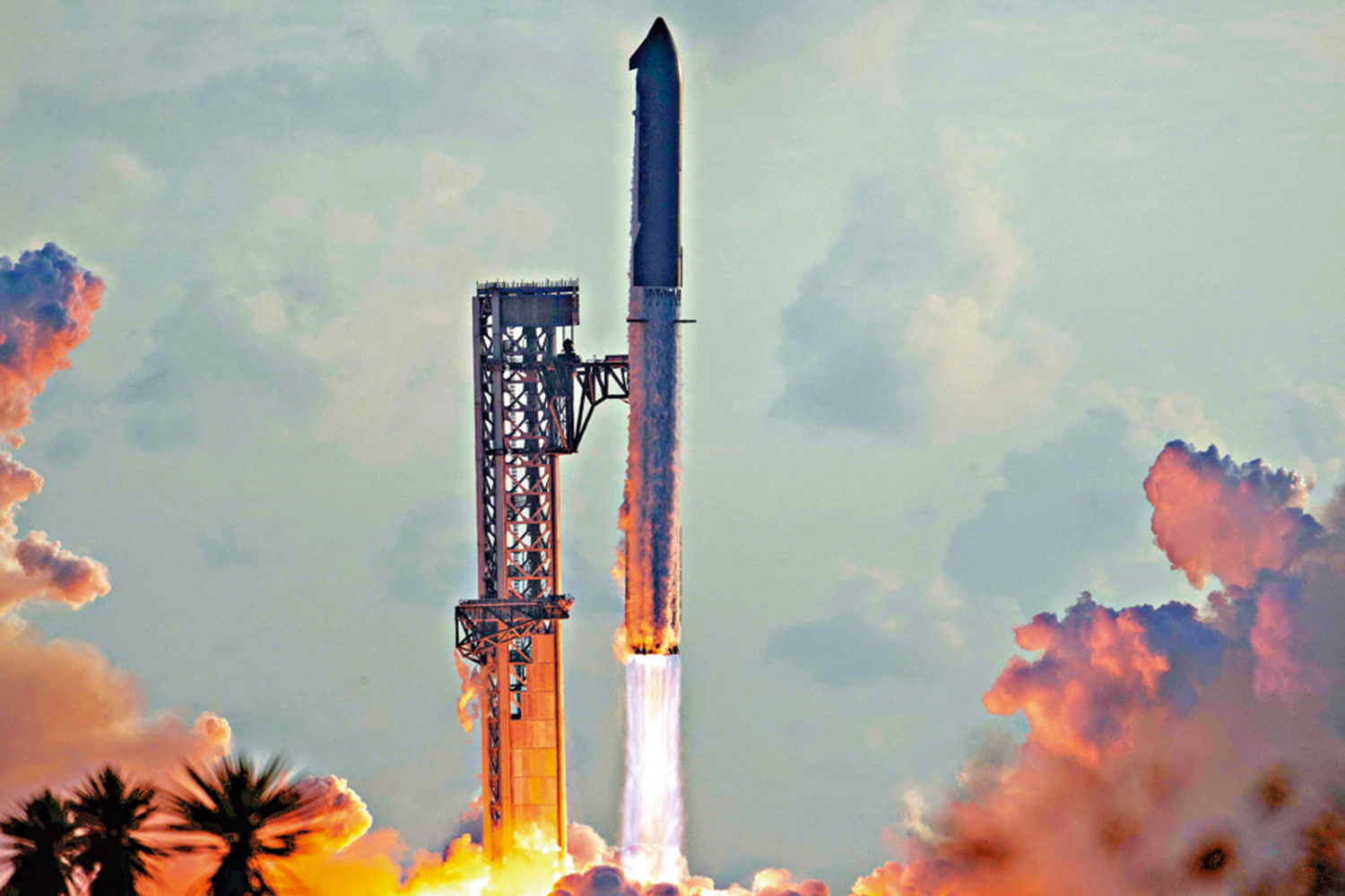 　　圖：SpaceX「星艦」28日在得州博卡奇卡海灘發射台升空。\法新社