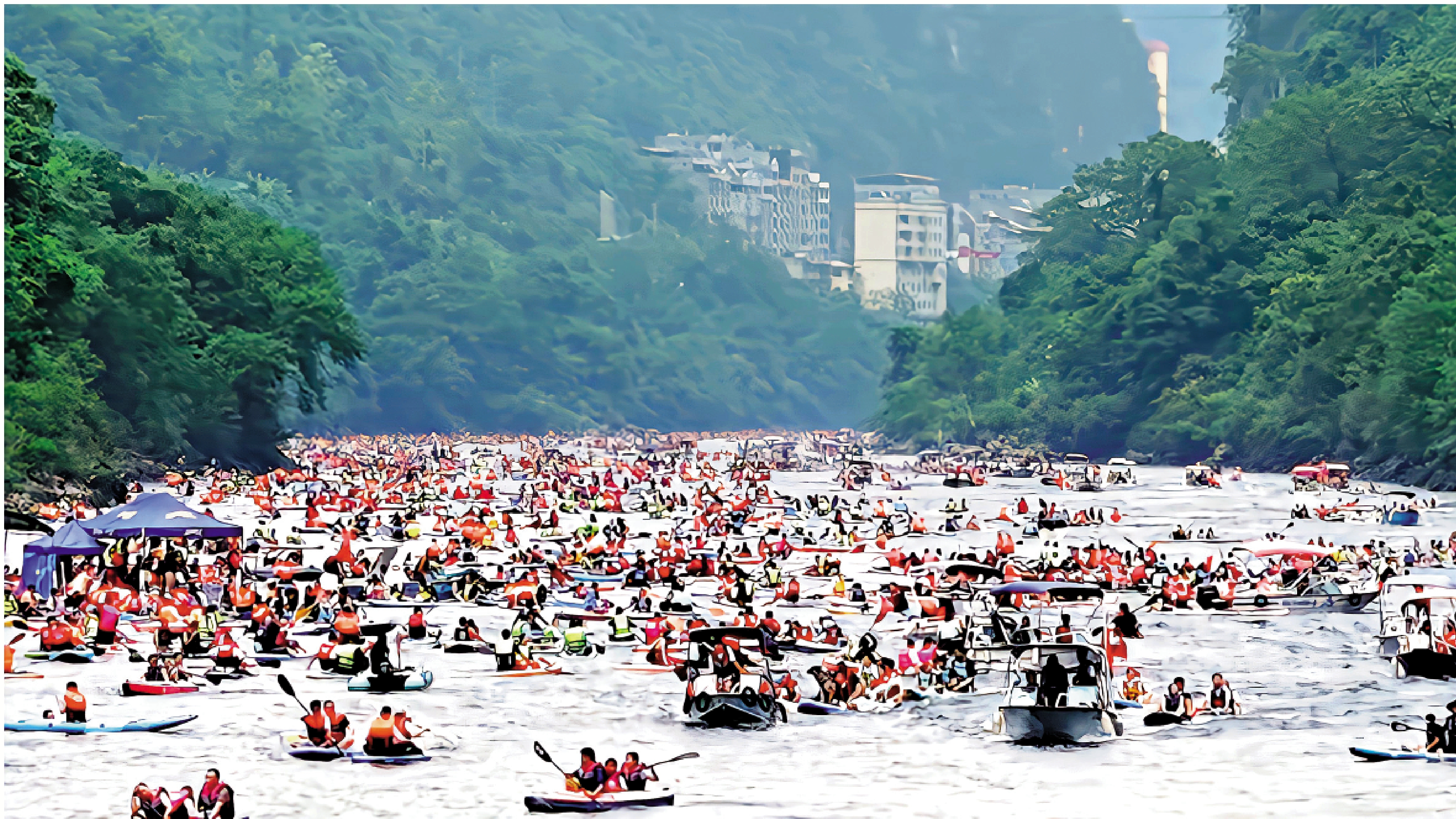 　　圖：10月2日，廣西河池天峨縣漂流現場船隻鋪滿河面。\受訪者供圖