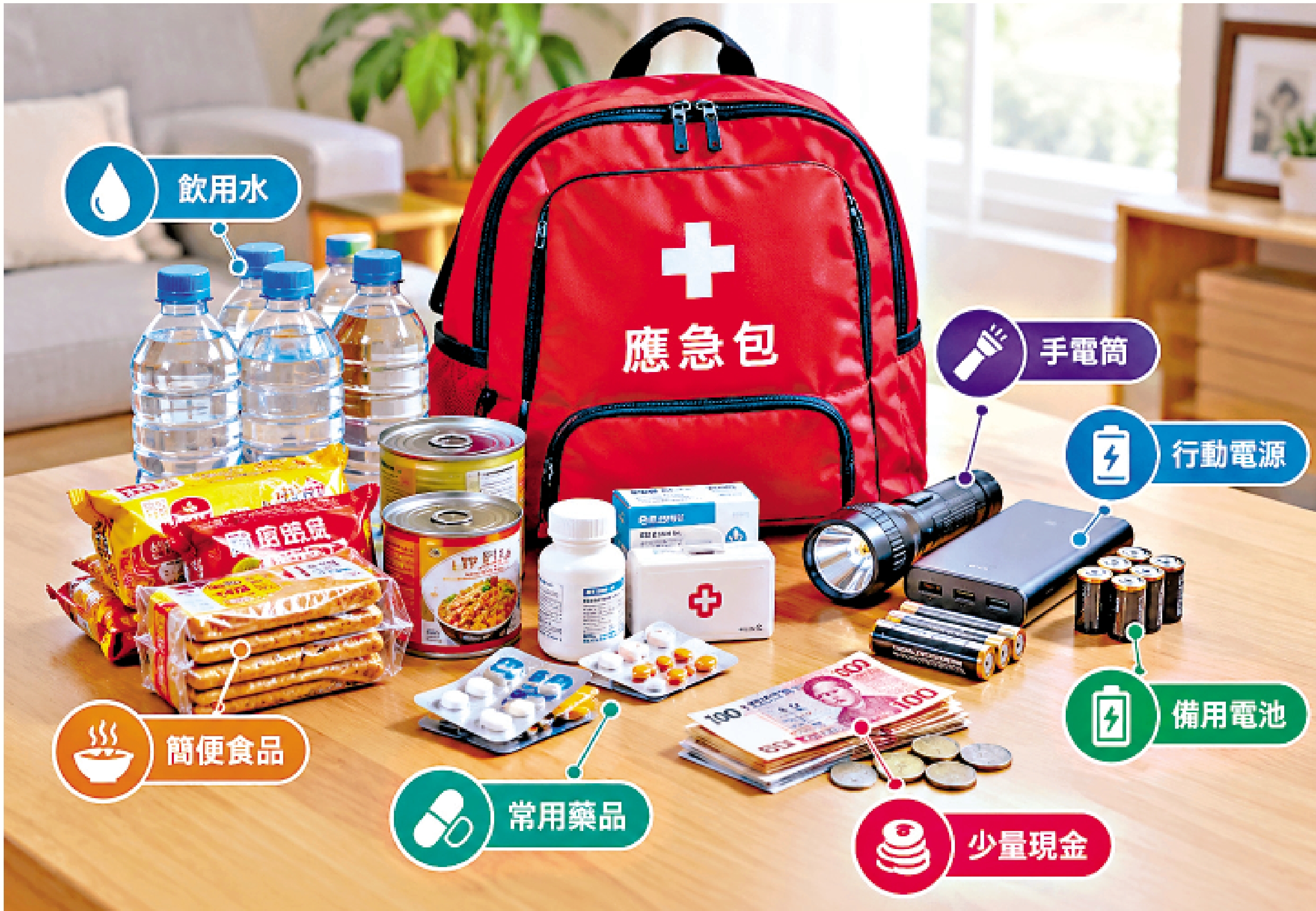 　　圖：家中可備應急包應對氣候變化。\AI製圖