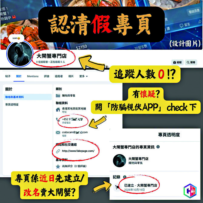 　　圖：警方提醒市民認清假大閘蟹店專頁。\警方供圖