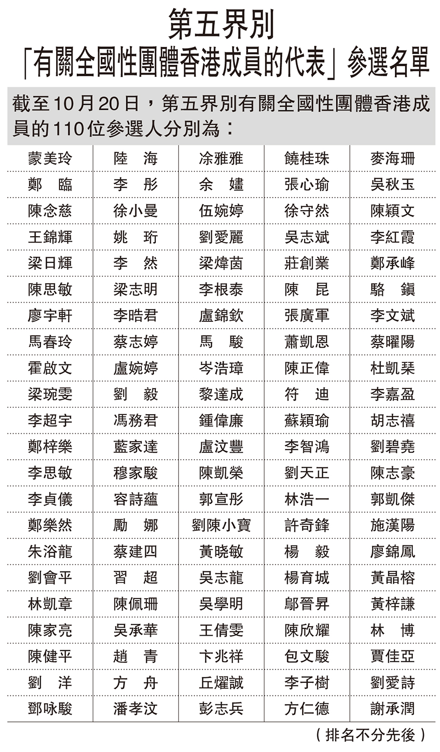 　　圖：第五界別「有關全國性團體香港成員的代表」參選名單