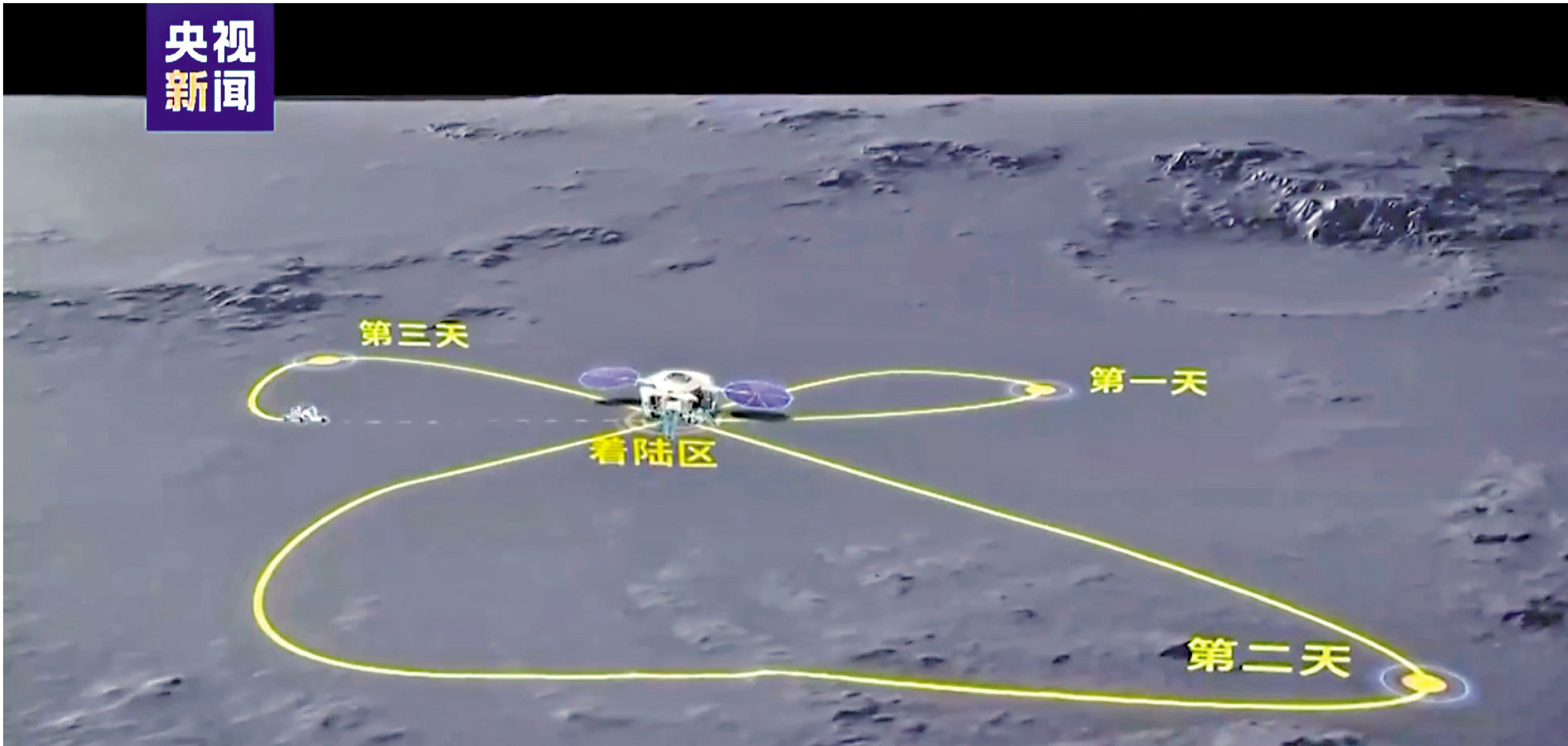 　　圖：載人月球車可搭載兩名航天員，把出艙科考活動範圍從着陸點周邊擴展至10公里量級，支撐大範圍地質勘察與樣品採集。\央視截圖