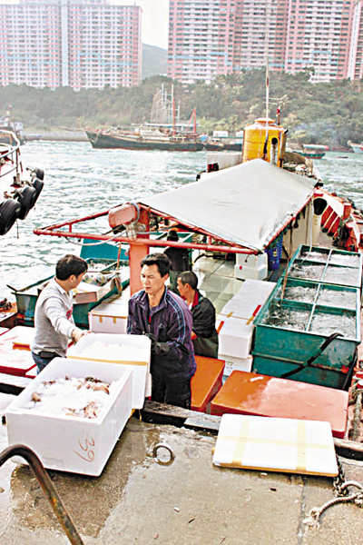 　■魚販把海鮮搬上碼頭時的情景。