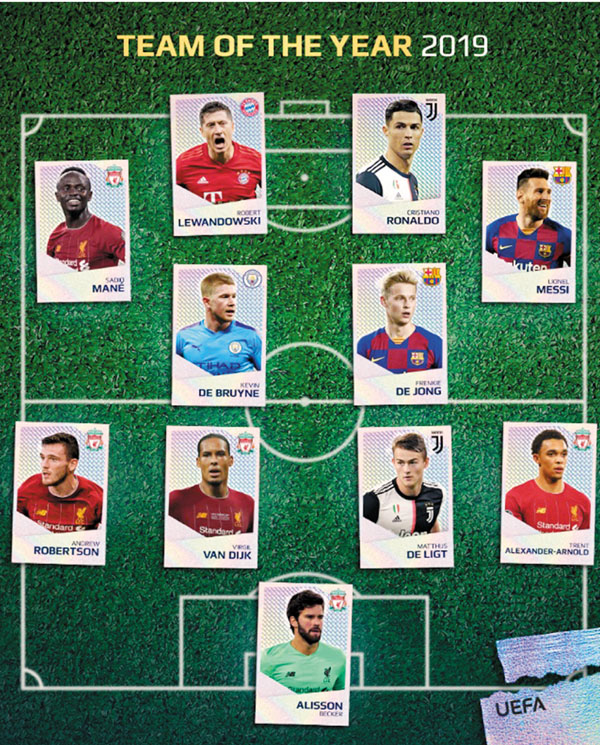 最佳陣容：(上排左起)文尼、利雲度夫斯基、C朗、美斯；(上二排左起)奇雲迪布尼、法蘭基迪莊；(下二排左起)安德魯羅拔臣、雲迪積克、迪歷特、阿歷山大阿諾特；(下)艾利臣比加。  歐足協圖片