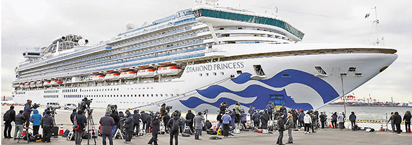 ■ 「鑽石公主號」郵輪目前停泊在橫濱大黑碼頭，全體乘客須留在船上隔離14天。 美聯社