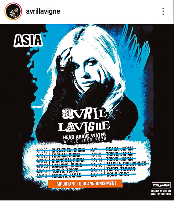 ■Avril Lavigne在社交媒體宣佈取消亞洲巡迴演唱會。 網絡圖片