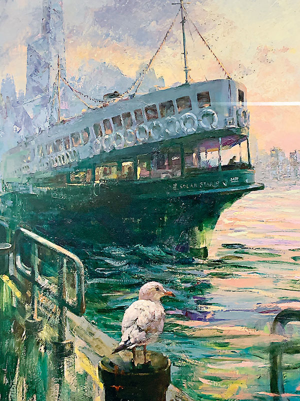 ■香港畫家廖井梅的油畫《天星小輪》（局部），展現維多利亞港的魅力。