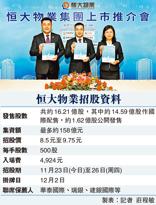 ■ 胡亮（中）稱，公司上市後會繼續積極增加獨立第三方物業開發商的佔比。圖左為王震，圖右為安麗紅。