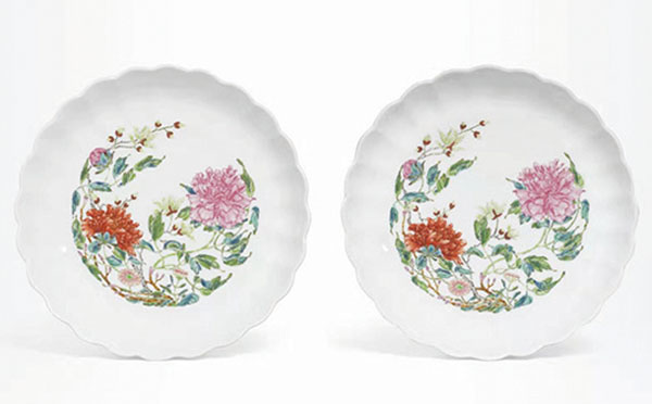■佳士得雍正 洋彩玉堂富貴紋菊瓣盤一對