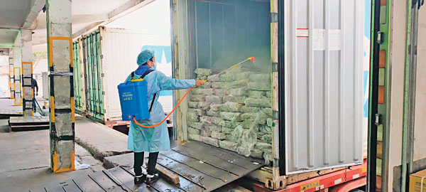 ■ 工作人員對冷凍貨櫃裏的貨物進行消毒。 網上圖片