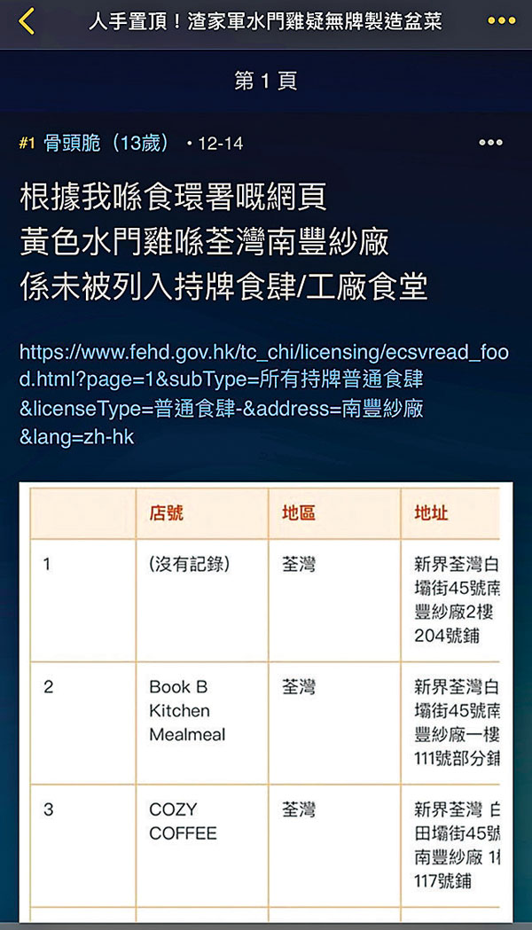 ■「水門泰式海南雞飯專門店」荃灣其中一間分店被網民質疑無牌經營。 網上截圖