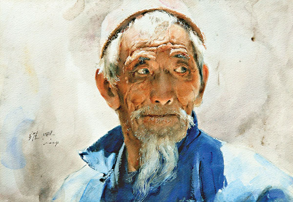 ■關維興最擅畫人物，《耄耋老人》抓住老者之神。 受訪人供圖