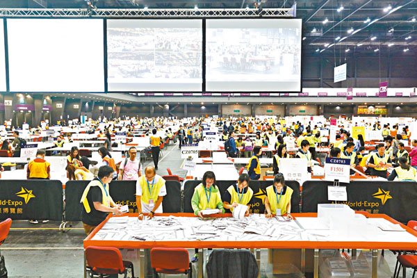 ●有港區全國人大代表建議,應取消立法會的五個超級區議會席位,以及立法會選舉不再沿用比例代表制。圖為2016年立法會選舉點票中心。 資料圖片