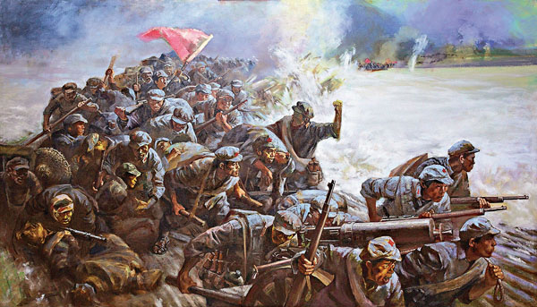 ●日前被中共黨史展覽館入選入藏的油畫《強渡烏江》，220cmX360cm，作者馬駿。