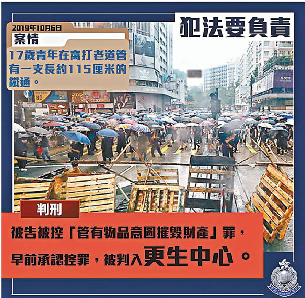 ●被告李熙駿承認管有物品意圖摧毀財產罪判入更生中心。 警方圖片