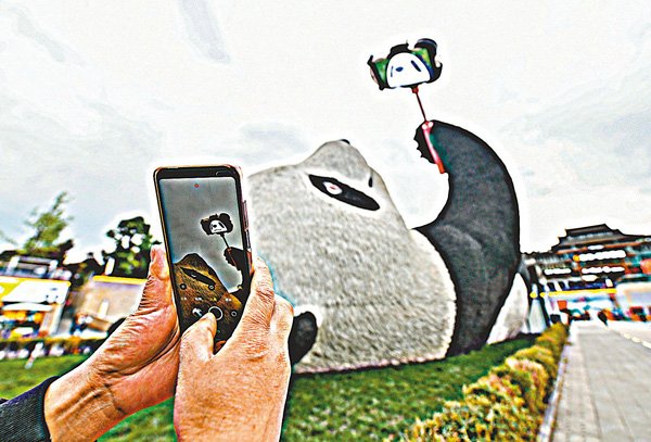 ● 4月7日，在四川省都江堰市仰天窩廣場，一名遊客使用手機拍攝「自拍熊貓」雕塑。  新華社