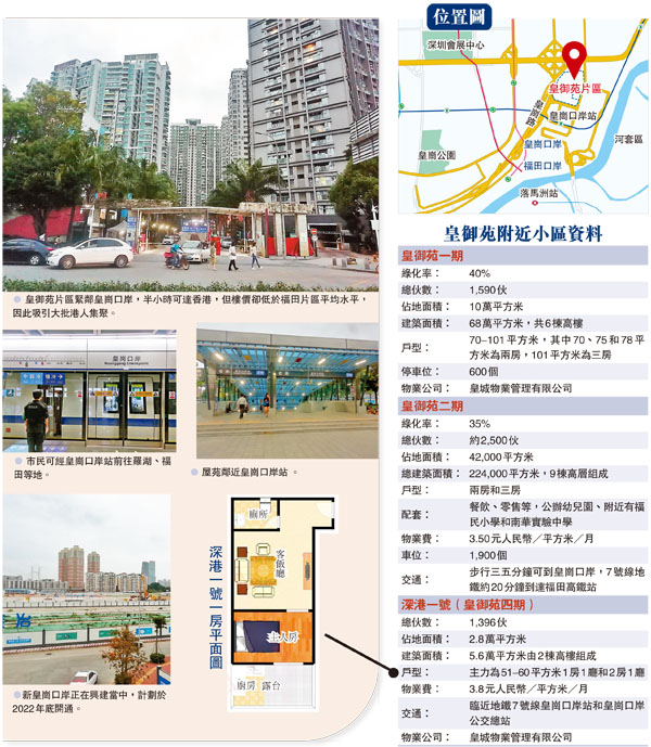 ● 皇御苑片區緊鄰皇崗口岸，半小時可達香港，但樓價卻低於福田片區平均水平，因此吸引大批港人集聚。 