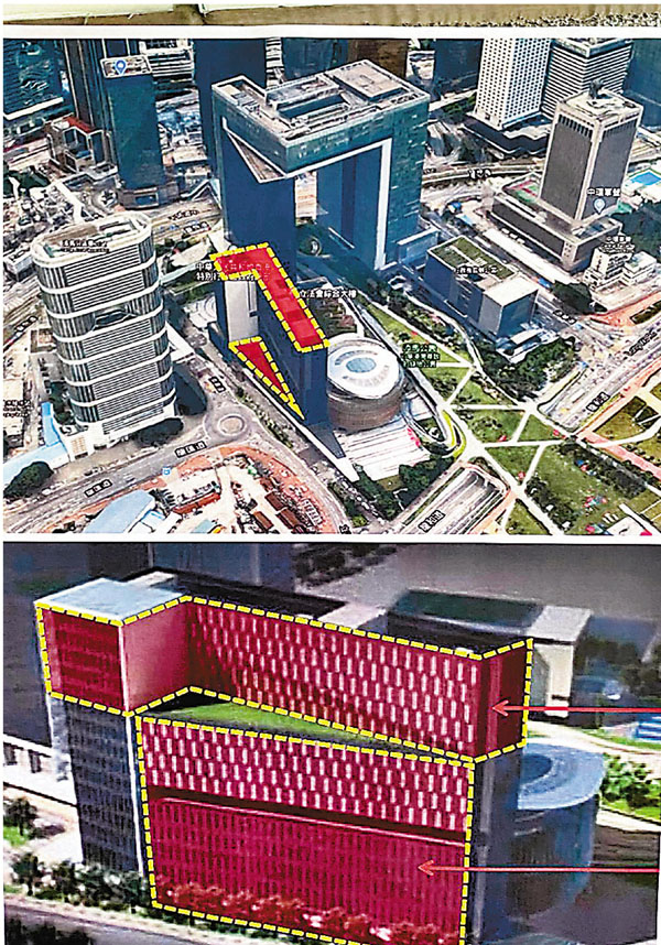 ●梁君彥表示，方案建議在立法會大樓頂層位置加建4層，並在大樓面向立法會道一側的一樓三角形花園位置，向上擴建至10層樓高。圖為大樓改建方案圖。 立會秘書處供圖