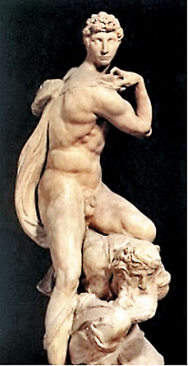 ●被視為米開朗琪羅的自畫像白石雕︰《勝利者》。網上圖片