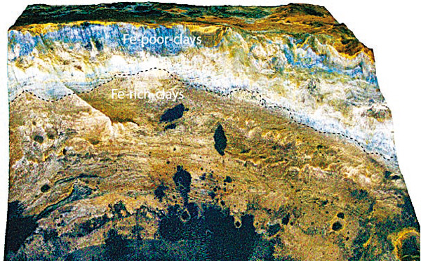 ●火星隕石坑壁風化殼的三維視圖顯示，富鐵紅色調岩石位於鐵缺失的藍色調岩石之下。港大圖片