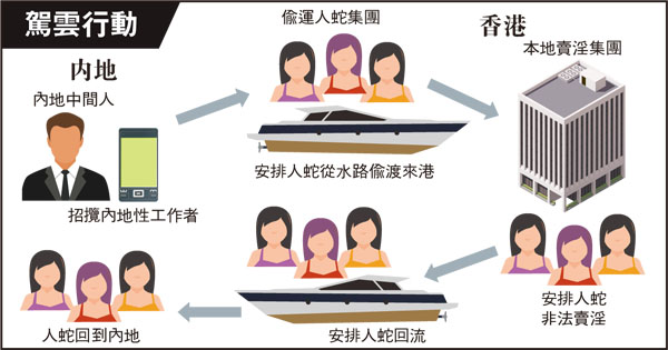 ●有本港賣淫集團經中間人在內地招募性工作者，然後由偷渡集團從廣東省沿海城市乘快艇偷渡來港，主要在東涌和屯門一帶登陸。