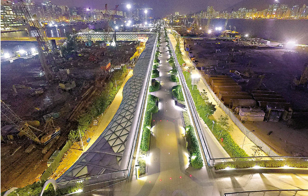 ● 啟德空中花園夜間照明效果。 土木工程拓展署提供