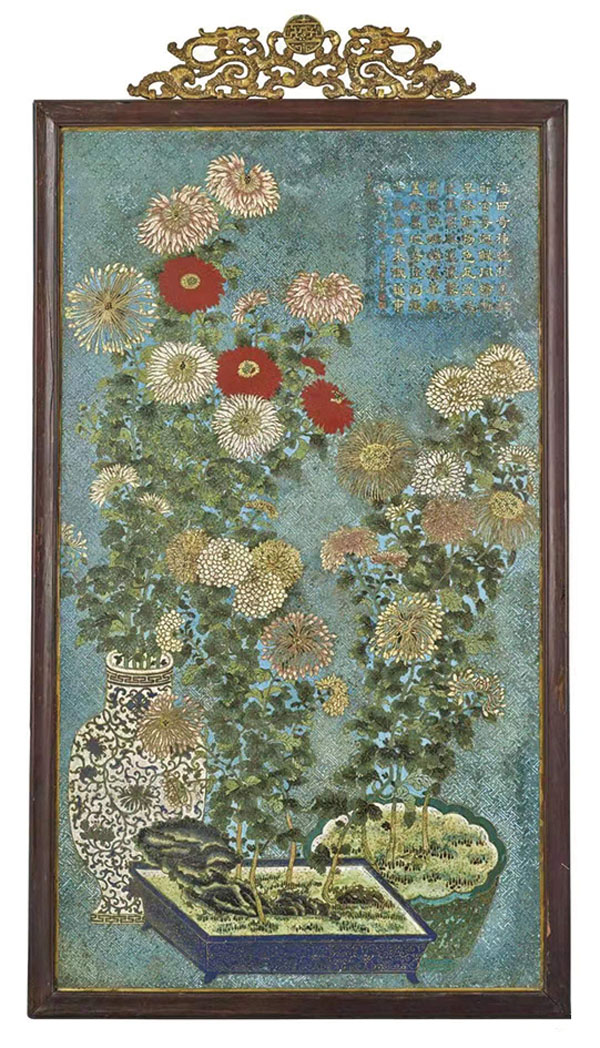 ■乾隆 掐絲琺琅御製詩洋菊圖掛屏