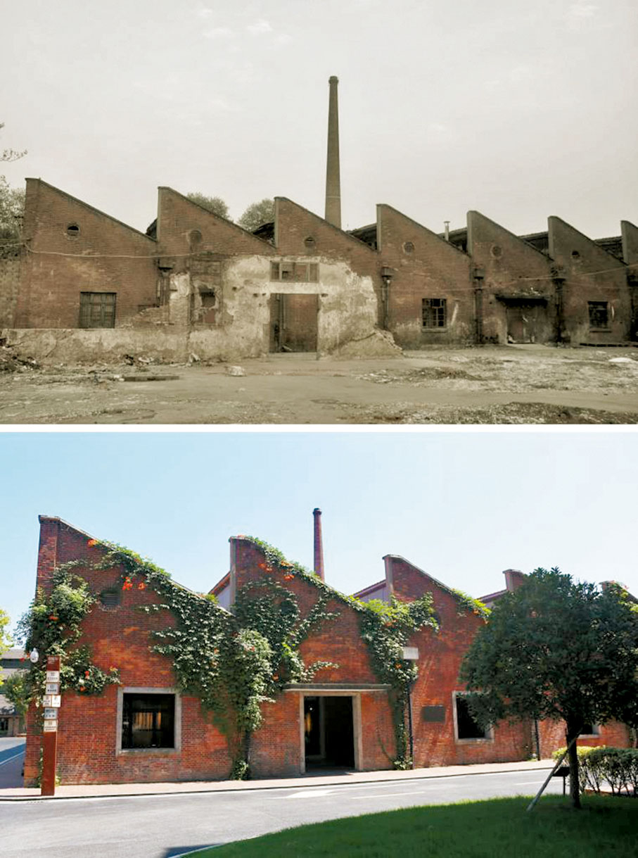 ●拼版照片。上圖為改造前的景德鎮國營宇宙瓷廠廠房，下圖為陶溪川陶瓷文化創意園。