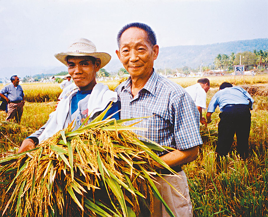 ● 袁隆平研究的雜交水稻被推廣到世界各地。圖為袁隆平在菲律賓。 資料圖片