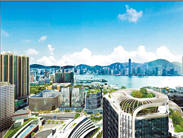 ●根據最新方案效果圖，新地西九高鐵上蓋項目由T1 天台觀景台可以望到西九文化區及維港，飽覽香港島的景觀。