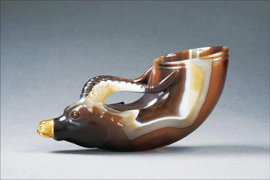 ●《大唐遺寶》展廳鑲金獸首瑪瑙杯集東西方文明於一體。