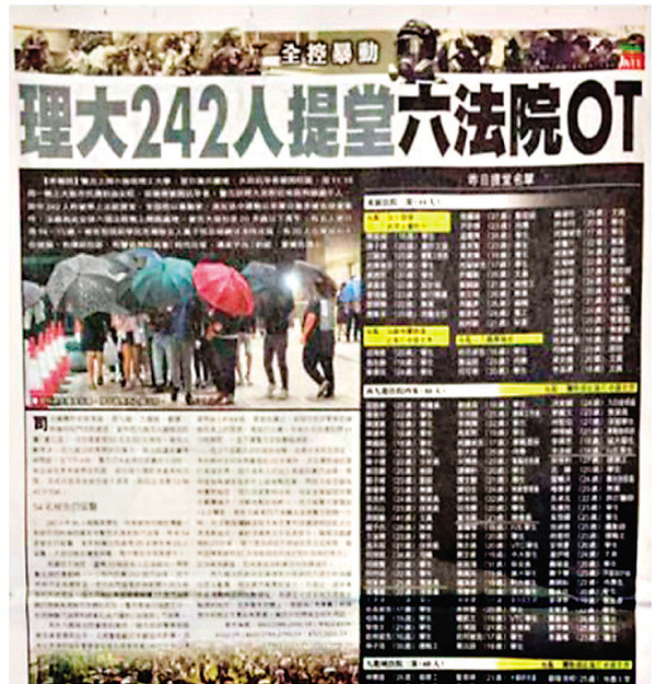 ●《蘋果日報》曾在報紙列出前年理大暴動中242名被捕者姓名、年齡同職業。 「連登」截圖