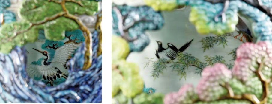 ■從轉心瓶的山石草木間隙，可清晰一窺內膽瓶上所精繪的禽鳥。