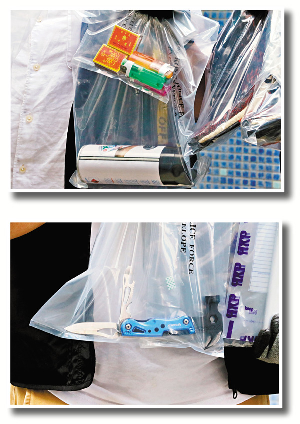 ●警方在疑犯寓所內搜出可製造土製燃燒彈的原料及刀具。香港文匯報記者  攝