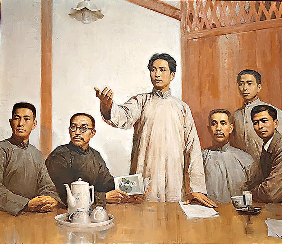 ●陳逸飛、邱瑞敏在1977年創作的油畫《在黨的「一大」會議上》。