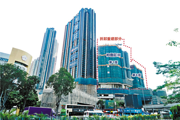● 大圍站上蓋項目柏傲莊III兩座結構未達標，為香港史上首次在建中私樓拆卸重建。香港文匯報記者  攝