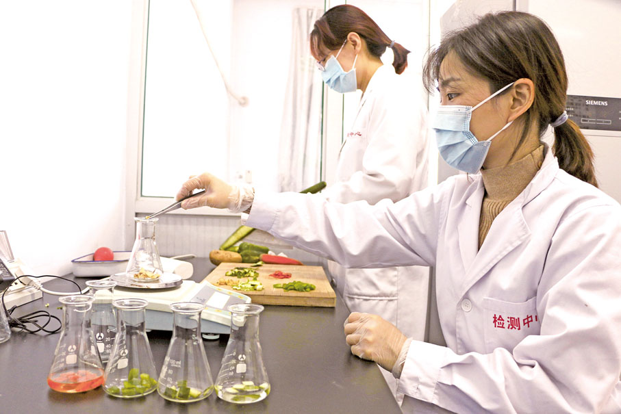 ● 河北承德縣農產品質量檢驗檢測中心實驗室，工作人員對提取的蔬菜樣品進行檢測。  新華社