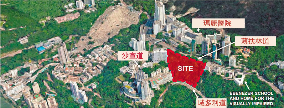 ●香港大學李嘉誠醫學院擬於薄扶林道、域多利道及沙宣道交界的斜坡範圍（紅色框位置）興建新教學大樓。 港大供圖