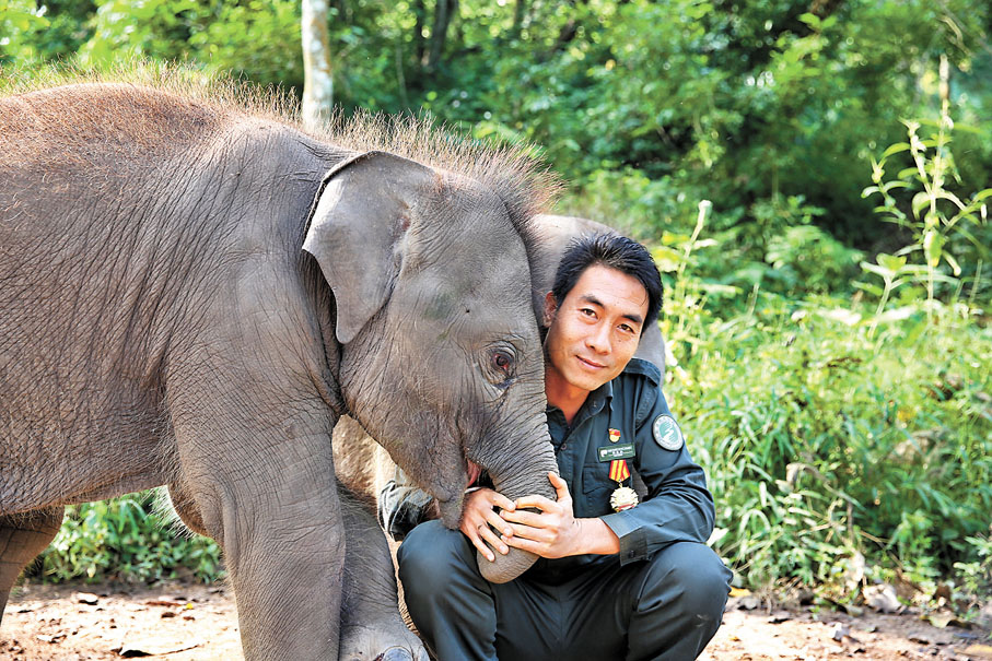 ●熊朝永和救助中心的小象在一起。  受訪者供圖