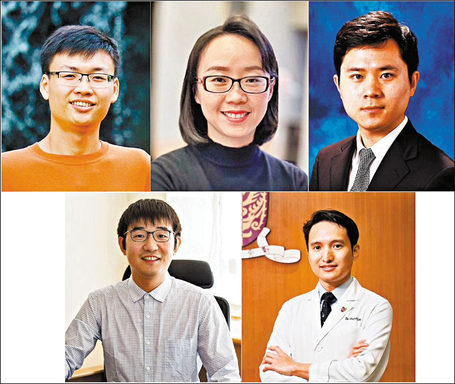 ●中大有五名年輕學者獲獎。上排左起：陳衍佐、路新慧、任偉；下排左起：何暐、高浩。中大供圖