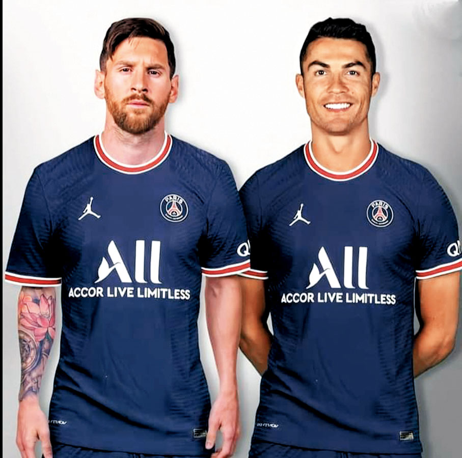 ●PSG有幕後金主成員，將美斯(左)與C朗改圖成為隊友。  網上圖片