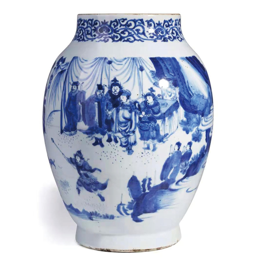 ■明崇禎青花人物故事圖蓮子罐