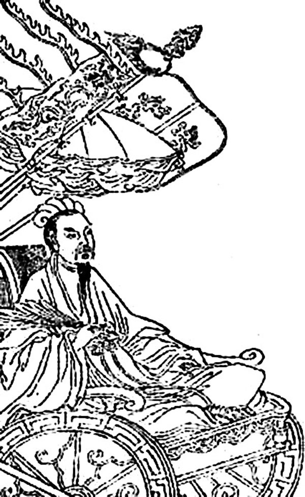 ● 《三國演義》中的諸葛亮善於謀略。繪圖為坐在四輪車上的諸葛亮。 作者供圖