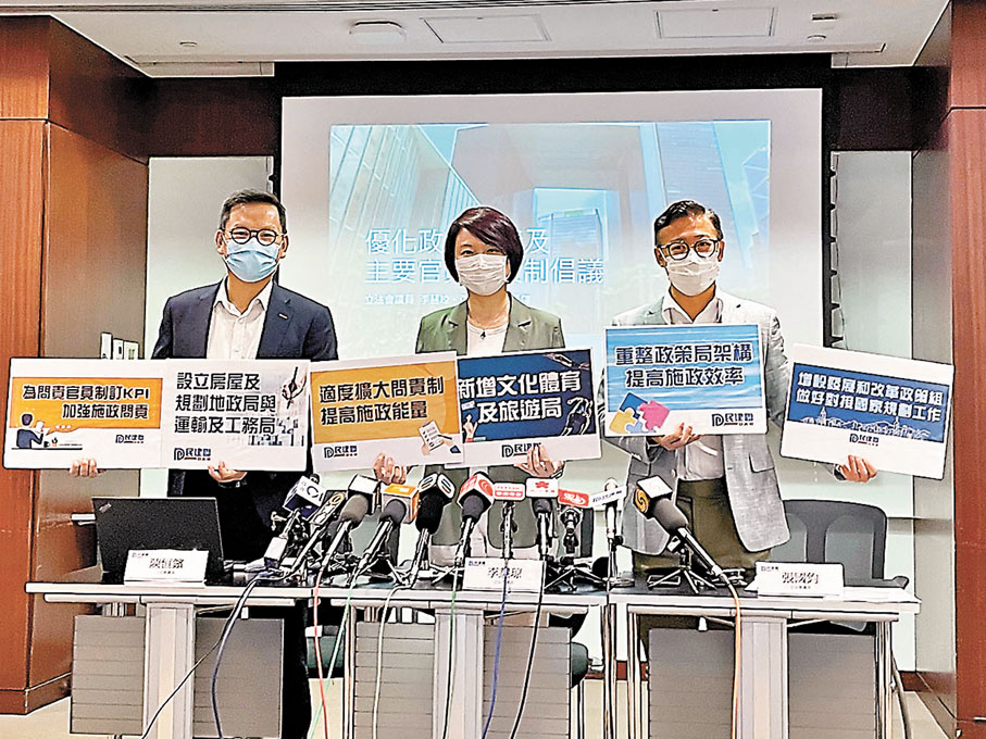 ●民建聯昨日會見傳媒公布「優化政府架構及主要官員問責制」倡議。左起：陳恒鑌、李慧琼、張國鈞 。 香港文匯報記者  攝
