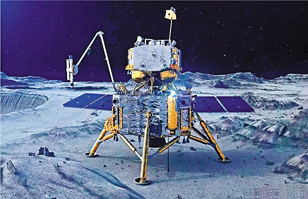 ●嫦娥五號探測器在月球表面自動採樣並封裝示意圖。