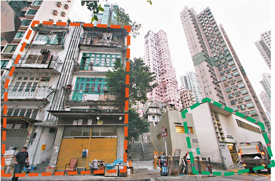 ● 上環士丹頓街88至90號兩幢特色唐樓（橙框示）及必列者士街街市（綠框示）獲活化保留。