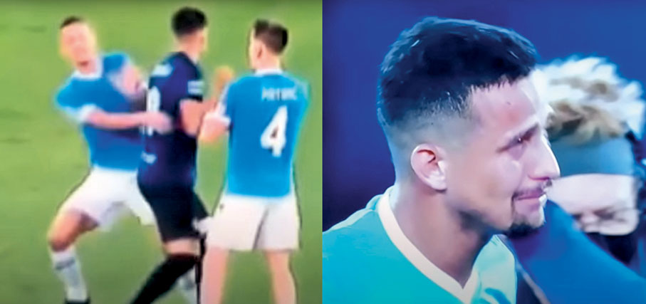 ●雷斯菲臘比(左圖左者)一心想與祖亞昆哥利亞(左圖中者)開玩笑，豈料慘領紅牌收場，含冤落淚(右圖)。  網上圖片