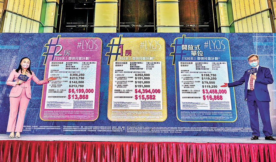 ●長實集團執行董事趙國雄(右)及長實高級營業經理楊桂玲公布#LYOS首批單位定價資料。