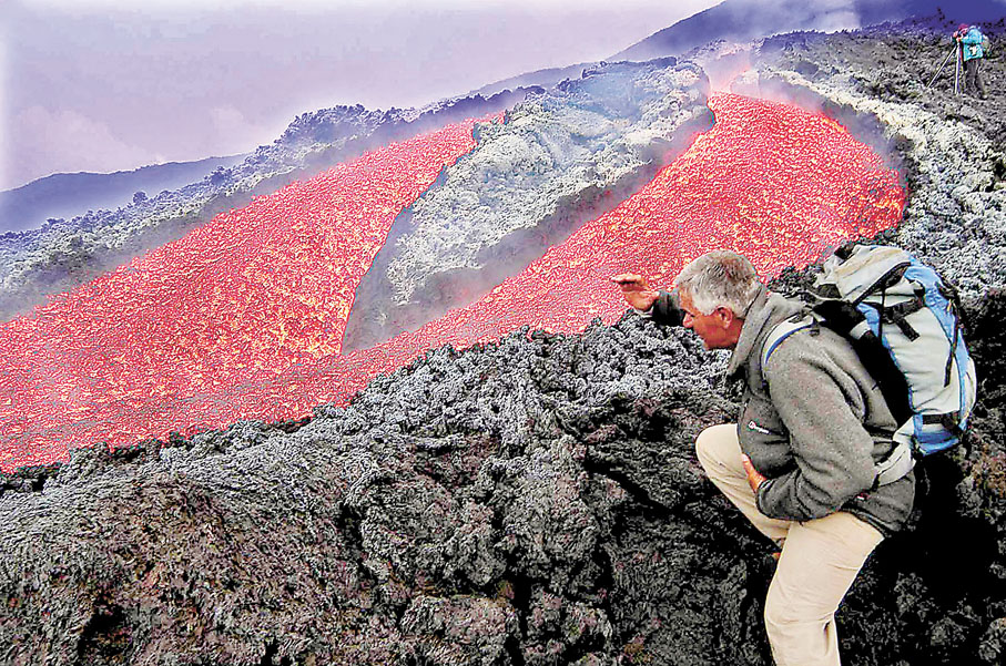 ● 板塊活動是地球碳循環重要的一環。圖為意大利火山爆發後的熔岩。 資料圖片