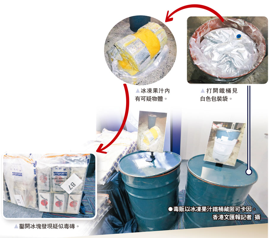 ●毒販以冰凍果汁鐵桶藏匿可卡因。香港文匯報記者  攝
